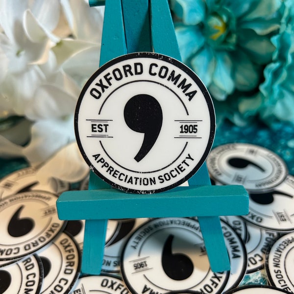 Oxford Comma Appreciation Society Distressed Retro Circle Vinyl Weatherproof Quote Sticker | Gifts for Writers and Punctuation Lovers