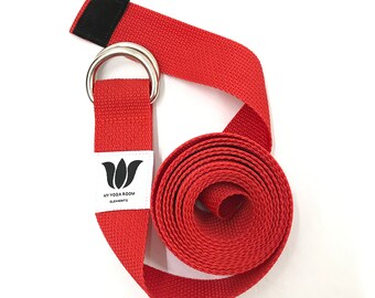 Yoga Strap, 9 Foot Length, 1 1/2" Wide, Easy Adjust Heavy Gauge D Rings, RED, Soft Non-Slip, 22 mm Thickness, Stretch Strap, Made in Canada