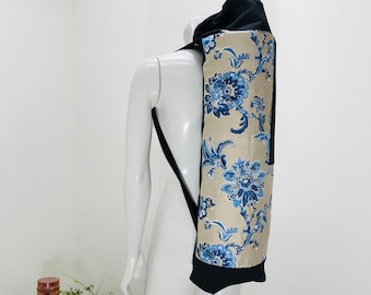 Yoga Mat Bag, Blue Embroidered Silk & Linen, Full Side Zip or Top Load Yoga Mat Bag, Side Pocket, Backpack Straps ~ Signature Collection