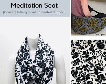 Meditation Seat, Black White Floral Print, Back Support, Yoga Practice, Yoga Prop, Lightweight Infinity Scarf, Ergonomic Support, Yoga Gift