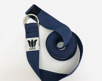Yoga Strap, 9 Foot Length, 1 1/2" Wide, Easy Adjust Heavy Gauge D Rings, BLUE, Soft Non-Slip, 22 mm Thickness, Stretch Strap, Made in Canada