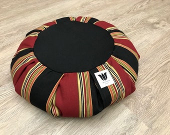 Meditation Seat, Multi-Functional, Home or Yoga Studio, Meditation Pillow / Cushion, Black Red Gold Stripe in Premium Home Decor Fabric