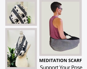 Seated Meditation Support from an Infinity Scarf, Back Support for Seated Poses in Yoga or People on the Go ~ Black & White Elephant Print