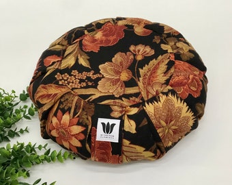 Radiate Harmony with Our Natural Linen Meditation Cushion. Black Orange Gold Floral Print, Eco friendly crafted in Canada by a Yogi