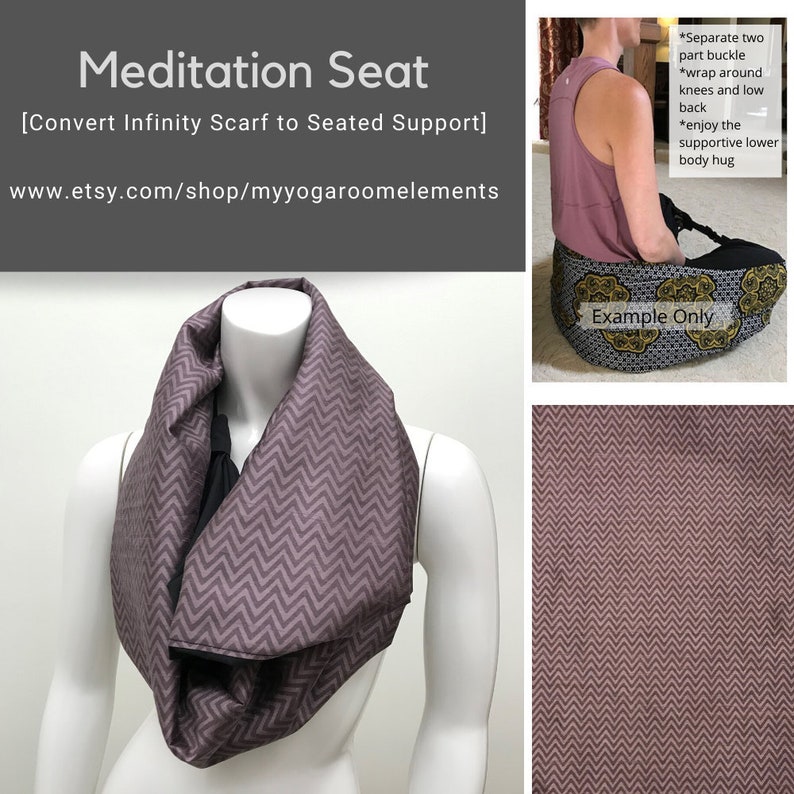 May include: A purple and black infinity scarf with a chevron pattern can be used as a meditation seat. The scarf is folded and draped over a mannequin. The image also shows a person sitting on a similar scarf, demonstrating how to use it as a seat. The text on the image reads "Meditation Seat [Convert Infinity Scarf to Seated Support] www.etsy.com/shop/myyogaroomelements".