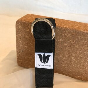 Yoga Strap, 9 Foot Length, 1 1/2" Wide, Easy Adjust Heavy Gauge D Rings, Black, Soft Non-Slip, 22 mm Thickness, Stretch Strap,Made in Canada