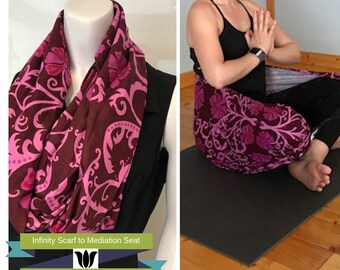 Meditation Seat from Infinity Scarf, Floral Scroll, Raspberry & Pink, Yoga, Seated Meditation, Back Support, Yoga Teacher Gift, For A Yogi