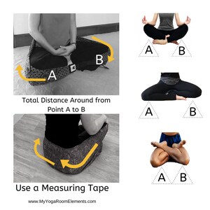 May include: A diagram showing how to measure the circumference of a yoga cushion using a measuring tape. The diagram shows a person sitting on the cushion with the tape measure wrapped around the cushion. The text "Total Distance Around from Point A to B" is written below the diagram. The text "Use a Measuring Tape" is written below the diagram. The text "www.MyYogaRoomElements.com" is written below the text "Use a Measuring Tape".