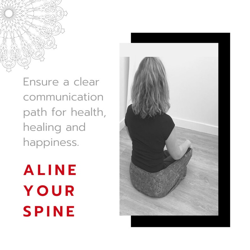 May include: Black and white photo of a person sitting with their legs crossed, with the text "Ensure a clear communication path for health, healing and happiness. ALINE YOUR SPINE" in red.