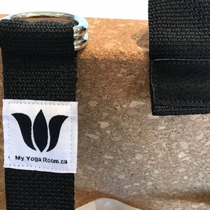 Yoga Strap, 9 Foot Length, 1 1/2" Wide, Easy Adjust Heavy Gauge D Rings, Black, Soft Non-Slip, 22 mm Thickness, Stretch Strap,Made in Canada