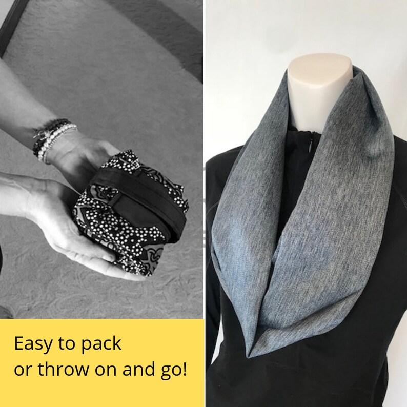 May include: A gray infinity scarf made of a soft, textured fabric. The scarf is folded and displayed on a black mannequin. The text "Easy to pack or throw on and go!" is displayed below the image.