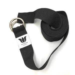 Yoga Strap, 9 Foot Length, 1 1/2" Wide, Easy Adjust Heavy Gauge D Rings, Black, Soft Non-Slip, 22 mm Thickness, Stretch Strap,Made in Canada