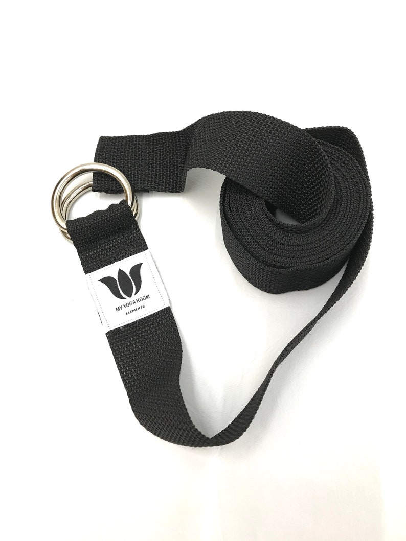 Yoga Strap, 9 Foot Length, 1 1/2" Wide, Easy Adjust Heavy Gauge D Rings, Black, Soft Non-Slip, 22 mm Thickness, Stretch Strap,Made in Canada