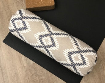 Round Yoga Bolster, Cream & Grey Graphic Print in Washable Cotton Canvas. Perfect for Home or Studio Yoga Practice Eco Conscious Product
