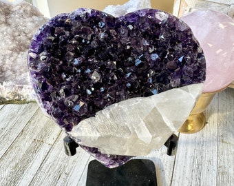 Amethyst Heart with quartz on stand