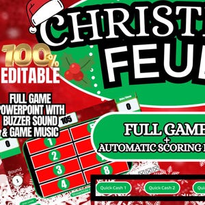 May include: A festive digital game board design for "Christmas Feud." The image features a red and green color scheme with snowflakes, a Santa hat, and the text "Christmas Feud." Includes a game board, scoring board, and "Instant Download" text.