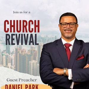 Puede incluir: Un folleto que anuncia un avivamiento de la iglesia con el predicador invitado Daniel Park. El folleto presenta una foto del predicador con traje y corbata, con una vista de la ciudad en el fondo. El evento está programado para el domingo 29 de octubre a las 3:00 PM. El folleto incluye la dirección 123 Anywhere Street, City, ST. 12345 y el sitio web www.yourchurchsite.com.