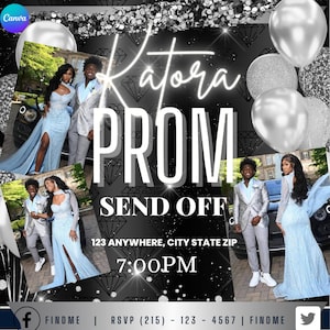 Puede incluir: Una invitación en blanco y negro con detalles de purpurina plateada. La invitación dice "Katora Prom Send Off" con la fecha y la hora del evento. La invitación también incluye un número de teléfono y las cuentas de redes sociales.