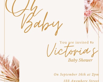 May include: A baby shower invitation with a gold border and floral decorations. The text reads "Oh Baby" and "You are invited to Victoria's Baby Shower". The invitation includes the date, time, address, and RSVP information.