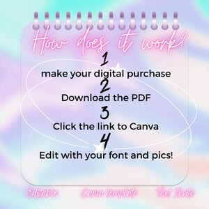 Pu&ograve; includere: Un blocco note rosa e blu con un bordo bianco e una rilegatura a spirale. Il blocco note ha il testo "How does it work!" in lettere al neon rosa. Il blocco note elenca quattro passaggi per modificare un modello Canva: 1. Effettua il tuo acquisto digitale, 2. Scarica il PDF, 3. Clicca sul link a Canva, e 4. Modifica con il tuo font e le tue immagini! Il blocco note ha anche il testo "Editable Canva template Text Invite" in fondo.