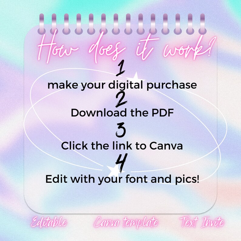 Pu&ograve; includere: Un blocco note rosa e blu con un bordo bianco e una rilegatura a spirale. Il blocco note ha il testo "How does it work!" in lettere al neon rosa. Il blocco note elenca quattro passaggi per modificare un modello Canva: 1. Effettua il tuo acquisto digitale, 2. Scarica il PDF, 3. Clicca sul link a Canva, e 4. Modifica con il tuo font e le tue immagini! Il blocco note ha anche il testo "Editable Canva template Text Invite" in fondo.