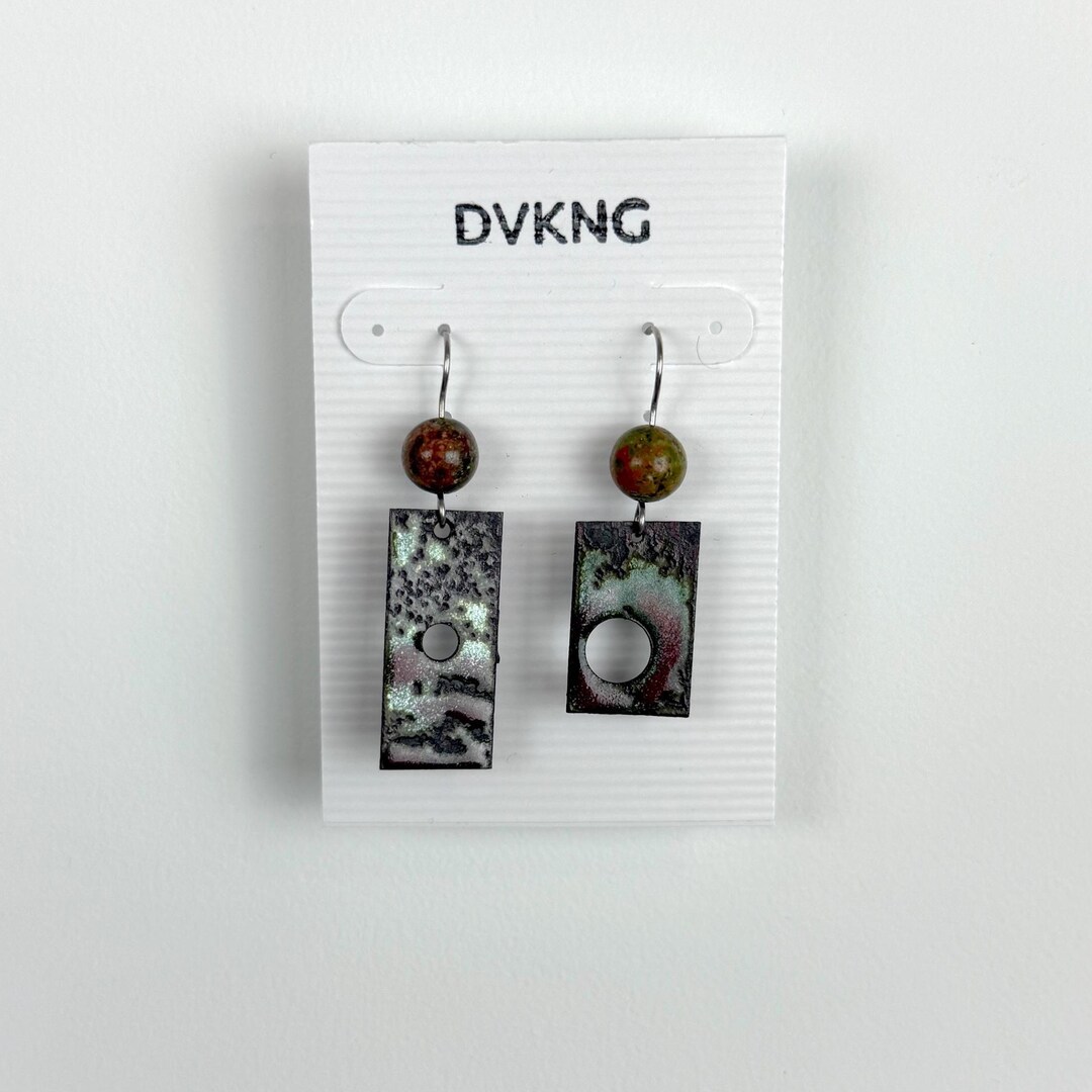 Rectangular Red Earrings Red and Green Rectangular Enameled Copper Earrings With Beads and ...