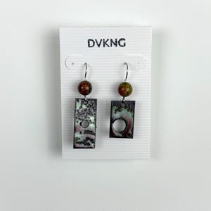 Enameled Copper Earrings - Red/Green Rectangle with Beads and Cutouts