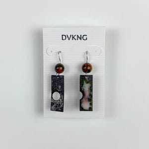 Enameled Copper Earrings - Red/Green Rectangle with Beads and Cutouts