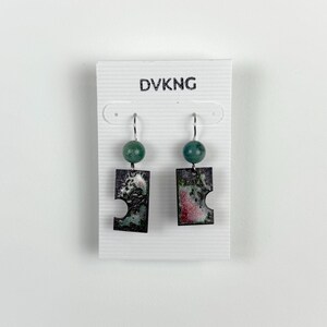 Enameled Copper Earrings - Red/Green Rectangle with Beads and Cutouts