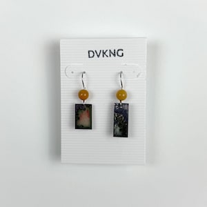 Enameled Copper Earrings - Green Rectangle with Beads
