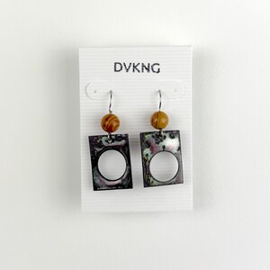 Enameled Copper Earrings - Red/Green Rectangle with Beads and Cutouts