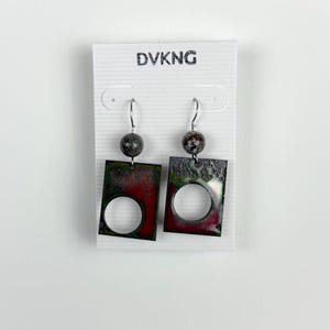 Enameled Copper Earrings - Red/Green Rectangle with Beads and Cutouts