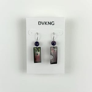 Enameled Copper Earrings - Red/Green Rectangle with Beads and Cutouts