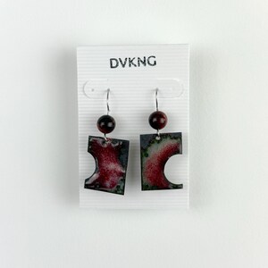 Enameled Copper Earrings - Red/Green Rectangle with Beads and Cutouts
