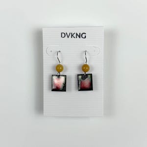 Enameled Copper Earrings - Red/Green Rectangle with Beads