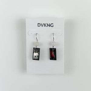 Enameled Copper Earrings - Red/Green Rectangle with Beads