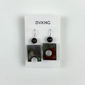 Enameled Copper Earrings - Red/Green Rectangle with Beads and Cutouts