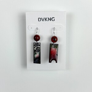 Enameled Copper Earrings - Red/Green Rectangle with Beads and Cutouts