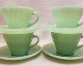 Vintage Jadeite Anchor Hocking Fire King Jadeite Shell Cups and Saucers - Set of Four Jadeite Cups and Saucers - Vintage Jadeite - Shell Cup