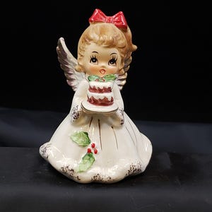 Vintage Josef Originals Christmas Angel Figurine with Cake Gift for Collector Classic Traditional Christmas Display Mantel Shelf Decor