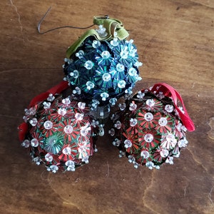 Vintage Handmade Beaded Ornaments - Vintage Retro Satin Sequined  Christmas Tree Ornaments - Classic Traditional  Holiday Decor