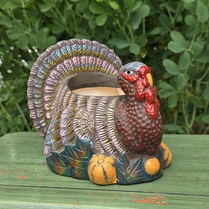 May include: A ceramic turkey-shaped planter featuring a textured brown body, a red wattle, and a fanned tail with blue, pink, and yellow accents. The base is decorated with sculpted orange pumpkins and green leaves, with a hollow opening on the back.