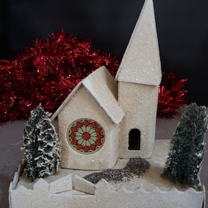 Dolly Toy Co Vila de Natal Casas de Neve Década de 1940 com Igreja IOB para Decoração de Lareira de Vila de Natal Vintage Retro
