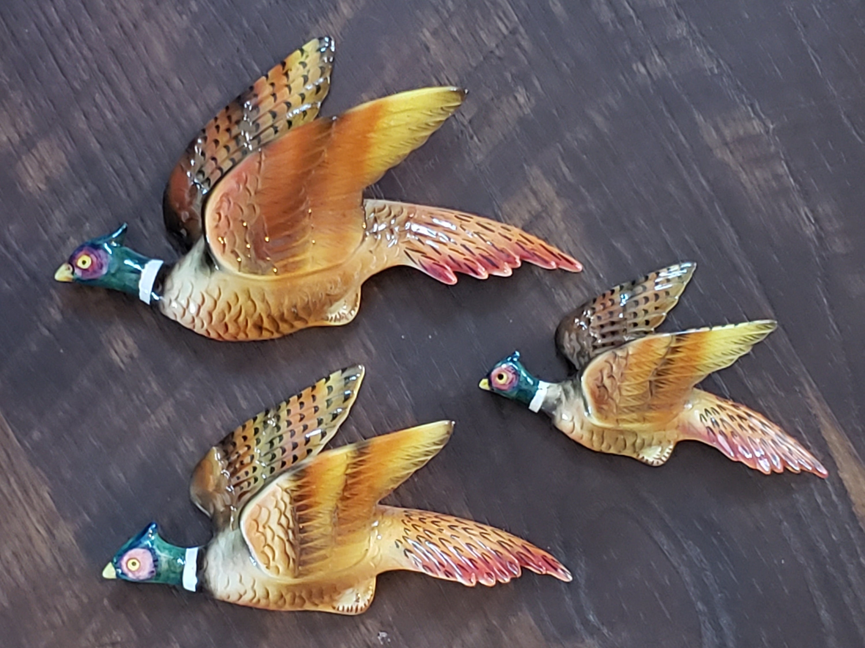 Spectacular Set of 3 Pheasant Wall Pocket Vase Japan Gift for Wall