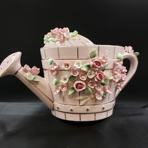 Lefton Pretty Pink Watering Can with Sparkly Rhinestone Flowers Planter Gift for Spring Gardener Mantel Decor Collectible Planter