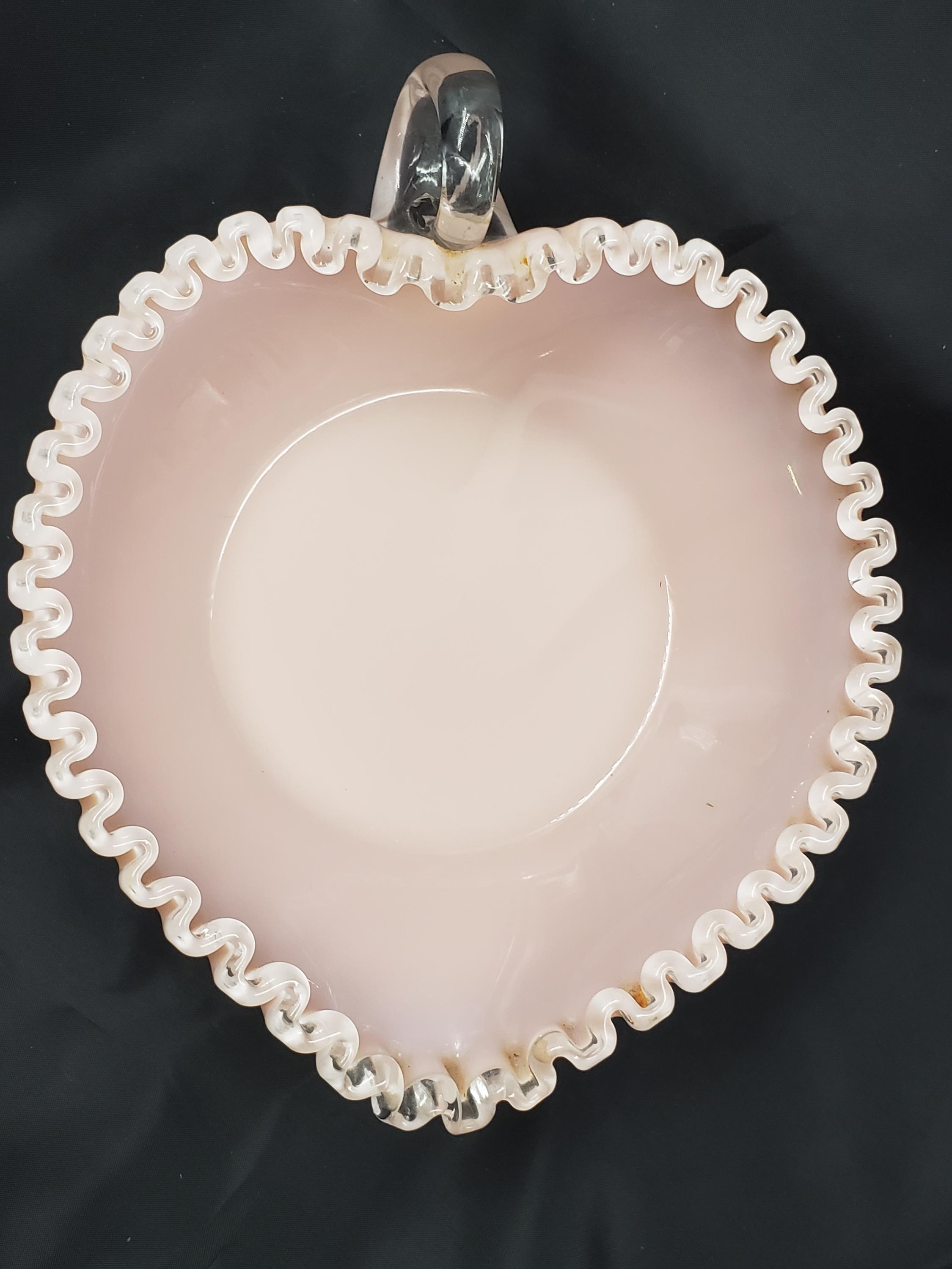 Vintage Fenton Silver Crest Heart Shaped Pink Milk Glass