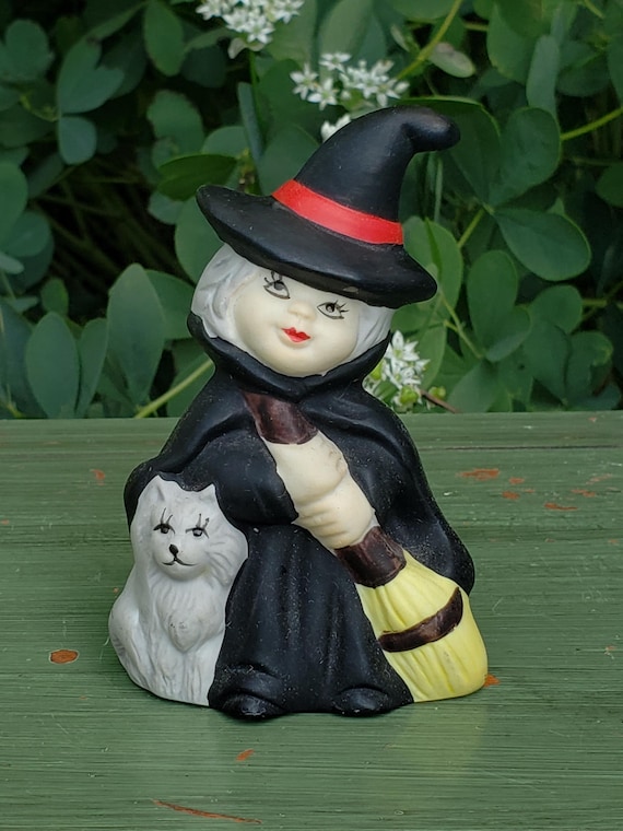 SUPER CUTE Ceramic Witch With Cat and Broom Figurine Gift for