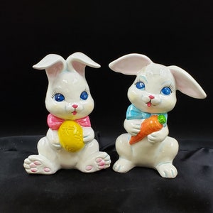 Super Cute Bunny Rabbits Holding an Easter Egg and Carrot with Pink and Blue Bows Gift for Spring Easter Mantel  Decor Bunny Collector