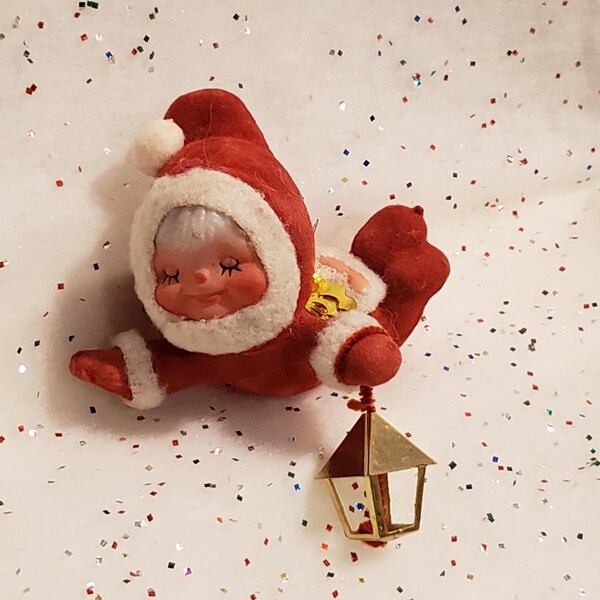 Adorno de ángel flocado vintage de Kurt Adler con linterna para decoración navideña retro