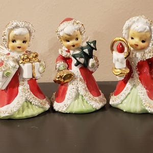 Vintage Lefton Set of 3 Christmas Victorian Angel Bells with Candle Tree Gifts for Retro MCM Classic Traditional Decor Collectible * Repair